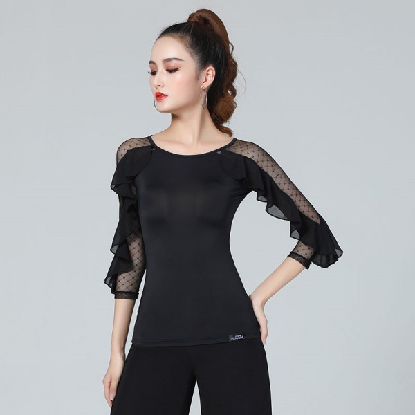 Womens Black Ruffles Sleeves Latin Dance Tops Ballroom Dancing Blouses Tango Waltz Chcha Dance 